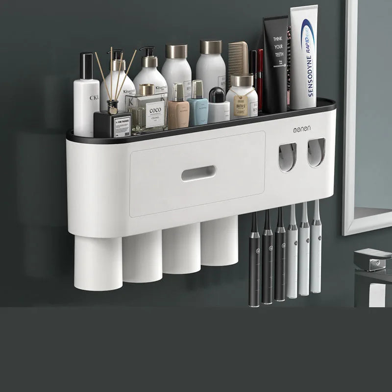 Automatic Toothpaste Dispenser With Dust Cover Shower Toothbrush and Toothpaste Holder Bathroom Storage Shelf Wall Mount