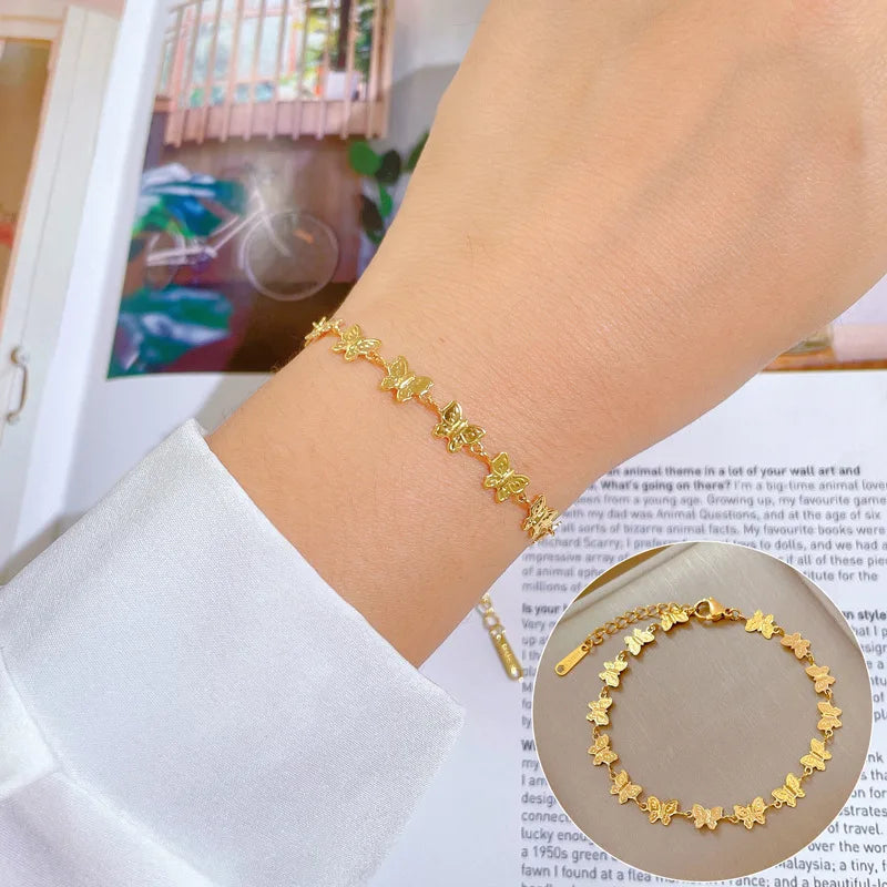 Women No Fade Stainless Steel 18k Gold Plated Butterfly Bracelet Waterproof Tarnish Free Butterfly Bracelet