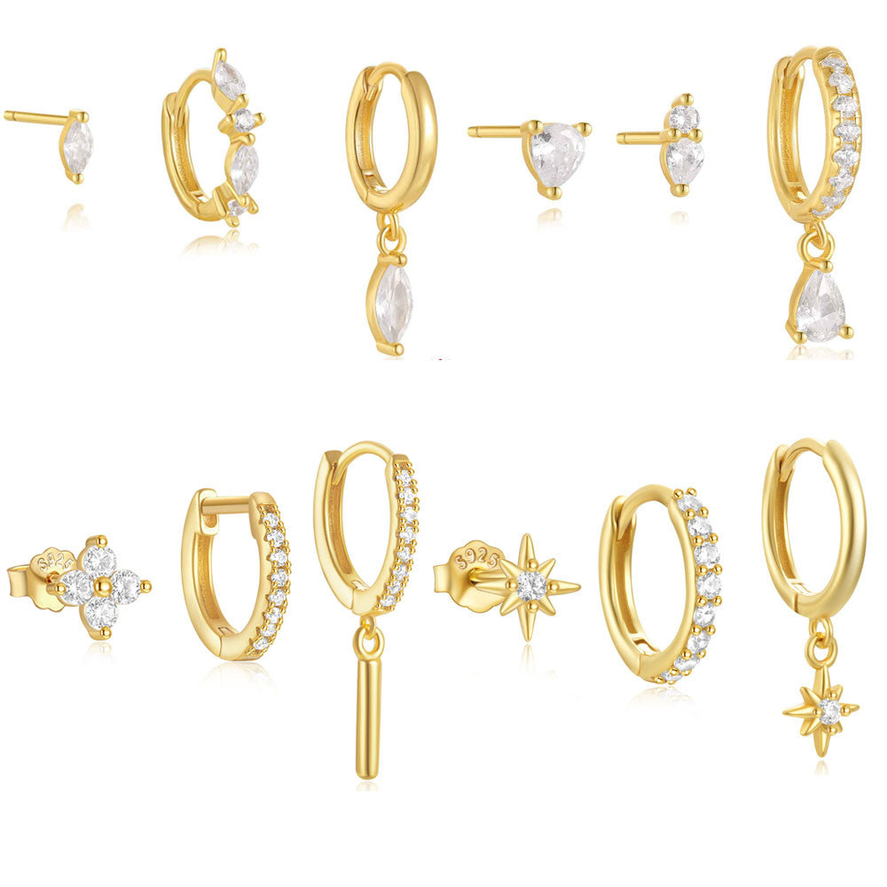 Fashion Jewelry 925 Sterling Silver Statement Earrings Set Star Flower Water Drop Diamond Gold Plated Stud Hoop Earrings Women