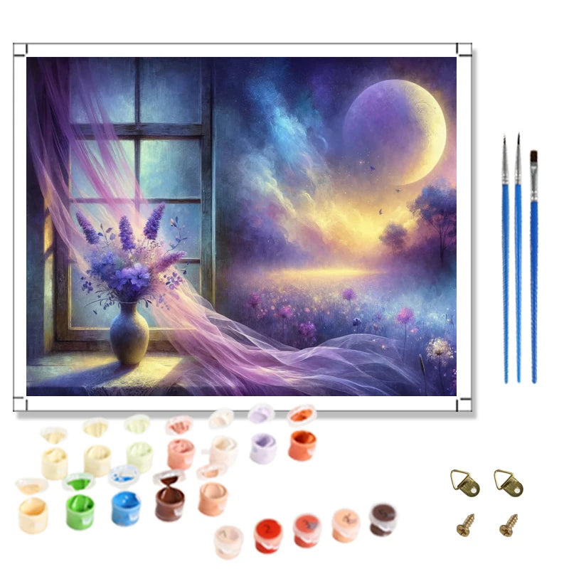 Purple Style DIY Oil Painting Kit Moonlight Aurora Starry Night Digital Painting with Linen Canvas Support Home Decor