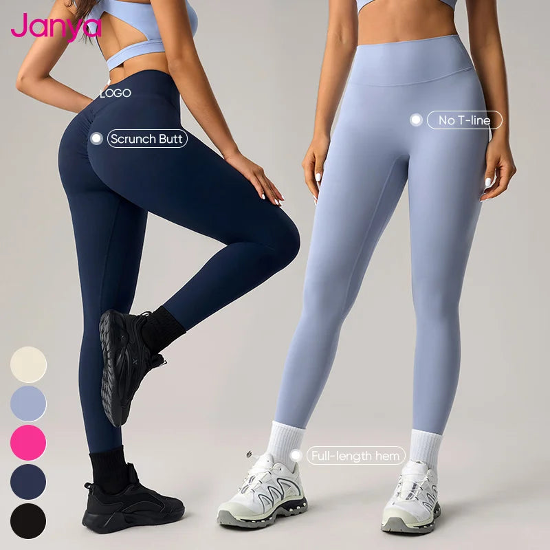 Janya Custom Logo Women Sports Wear Workout Leggings No Front Seam Gym Fitness Pants Scrunch Butt High Waist Yoga Leggings