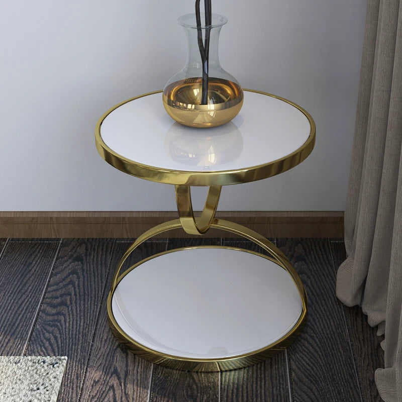 Round Table Modern Small Coffee Table Light Luxury Tempered Glass Round Table Living Room Stainless Steel Small