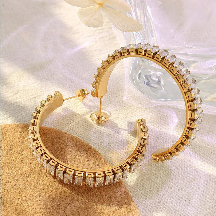 Refined Design Jewelry Gold Plated Single Row Zircon Hoop Earring C Shape Tarnish Titanium Free Steel for Gifts