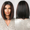 Front Lace Short Natural Hairline Lace Front Wig Black Brown Highlights Synthetic Wig Daily Lace False Hair for Women