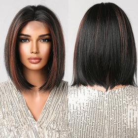 Front Lace Short Natural Hairline Lace Front Wig Black Brown Highlights Synthetic Wig Daily Lace False Hair for Women