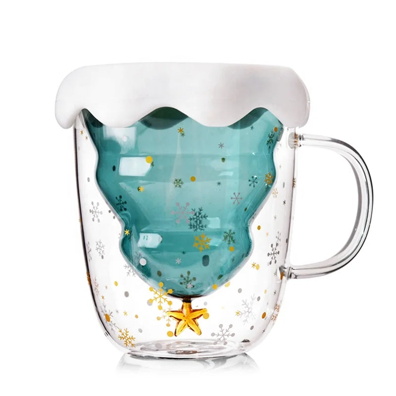 Factory Price Glass Coffee Mug Heat Resistant Insulated Christmas Tree Cup Double Wall Glass Mug with Silicone  Lid X-mas Gifts