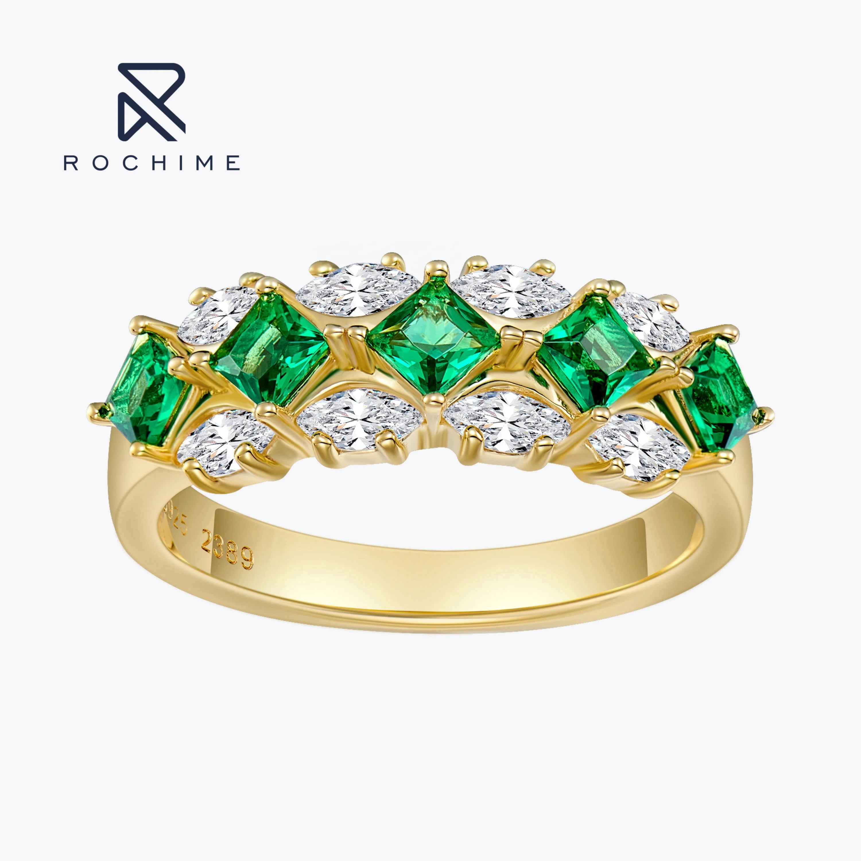 Rochime  Green Gemstone Zircon Rings Women S925 Silver 18k Gold Plated Ring Fine Jewelry