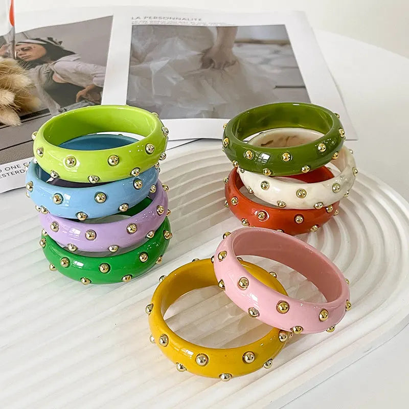 New Trendy Geometric Colorful Resin Acrylic Gold Bead Round Bangle Bracelet for Women Jewelry Gift