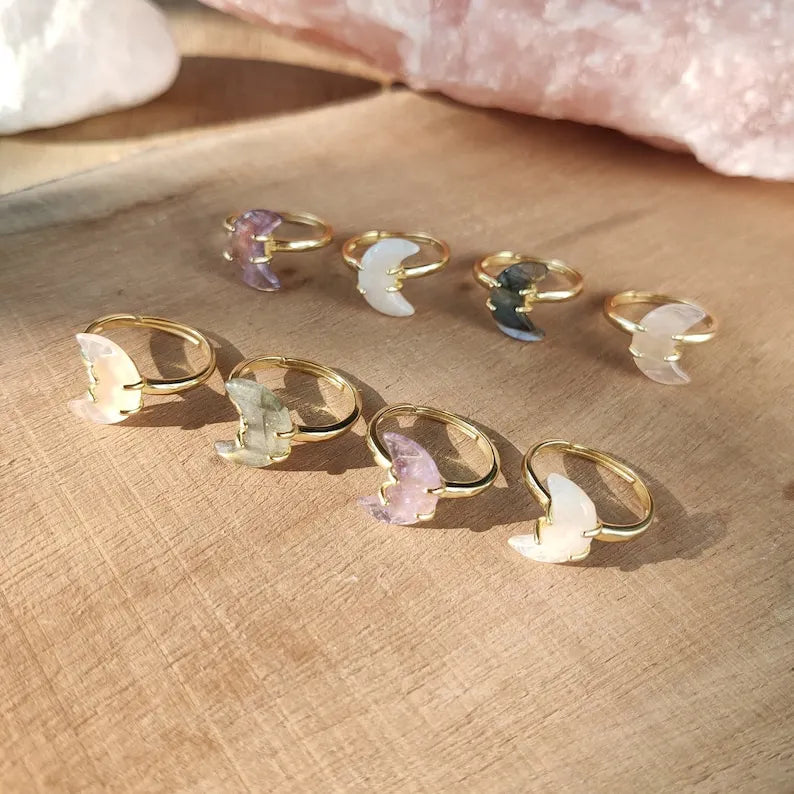 Adjustable Gold Plated Brass Gemstone Rose Quartz Ring Healing Crystal Stone Amethyst Aquamarine Crescent Moon Ring