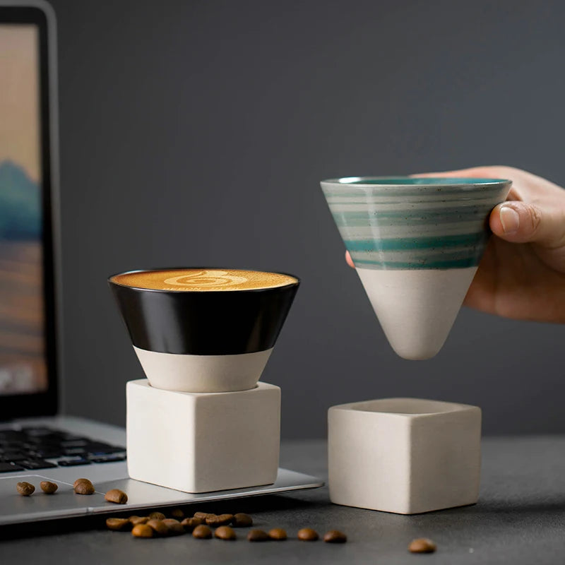 100ml  Wholesale Retro Creative Espresso Ceramic Cup Hand-Painted Funnel Shape Pottery Cups with Base