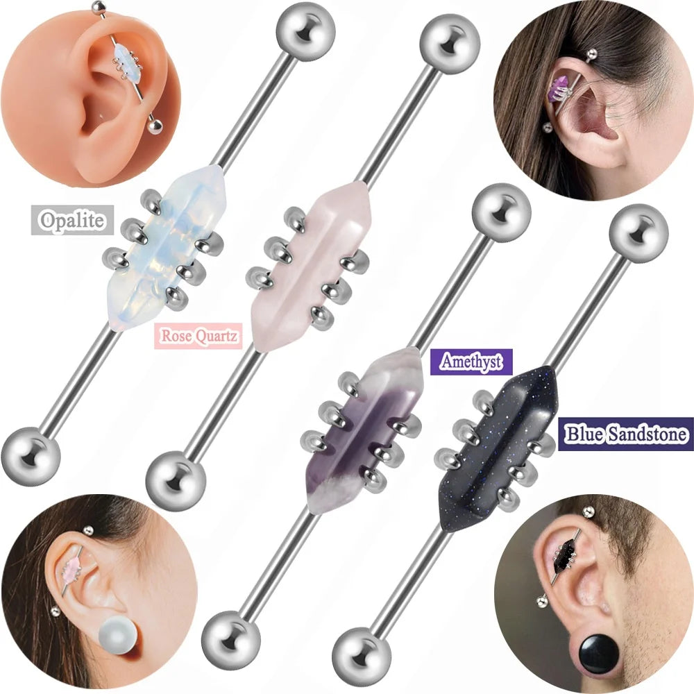 Unisex Stainless Steel Barbell Ear Earrings Long Industrial Piercing Natural Stone Hexagonal Ear Cartilage Claw Setting Weddings