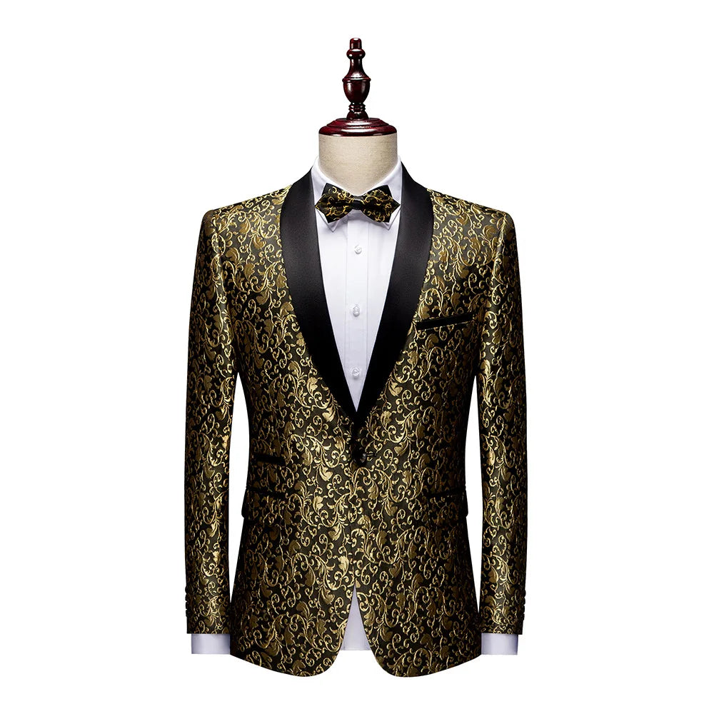 Jacket Male Wedding Banquet Blazer Masculino Men Patchwork Collar One Button Tuxedo Suit Floral Jacquard Dress Blazers