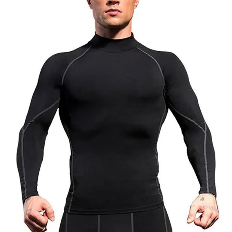 Men Spring Breathable High Collar Long Sleeve Shirt Running Gym Workout Top Sportswear Training