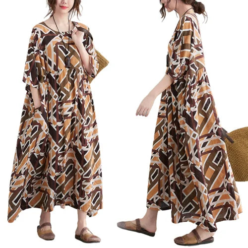 New Arrive Korean Style Loose Plus Size Geometric Print Full Length Girls' Dresses  Women's Casual Dresses