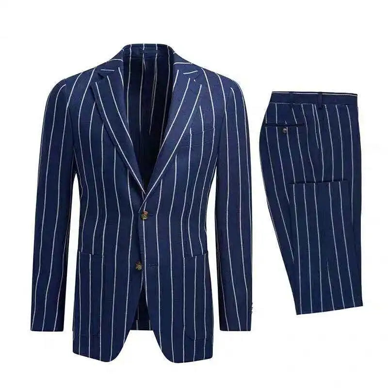 New Arrival Blue Stripe Men's Blazer With Notch Lapel Two Buttons Wedding Party Groom Tuxedos Terno Masculino 2 Pieces