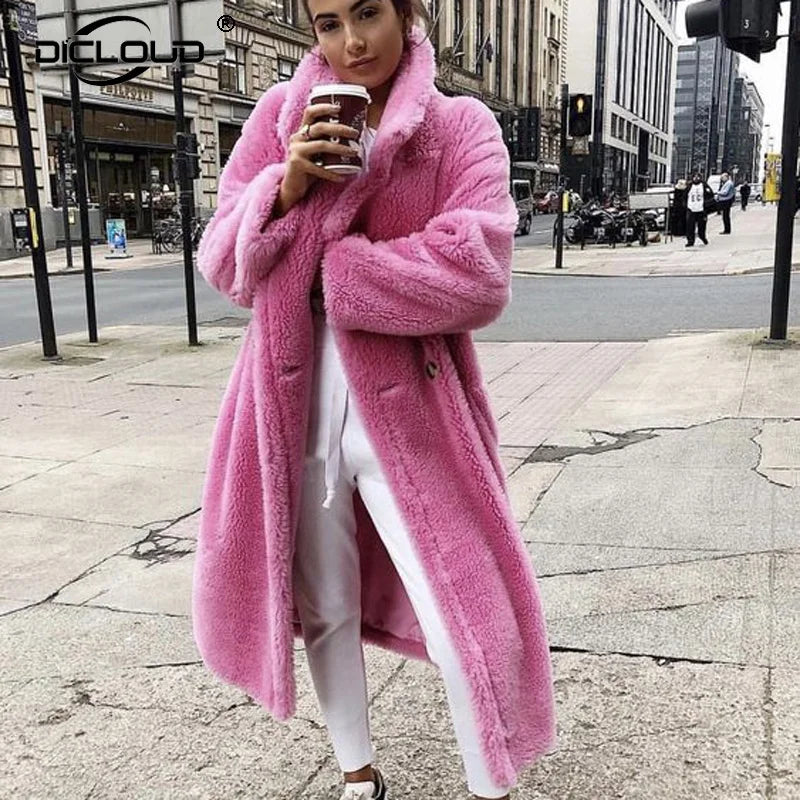 Pink Long Teddy Bear Jacket Coat Women Winter 2022 Thick Warm Oversized Chunky Outerwear Overcoat Women Faux Lambswool Fur Coats