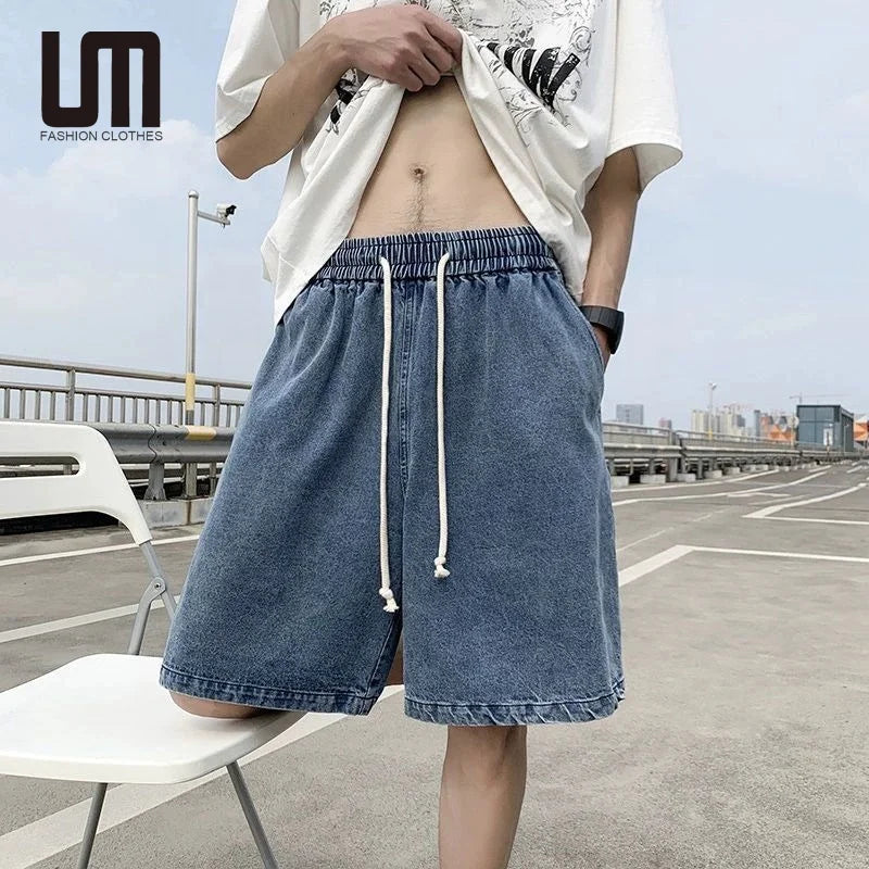 Liu Ming 2025 Japanese Style Men's Straight Leg Denim Shorts Summer Loose Fit Mid-Length Wide Leg Casual Short Pants