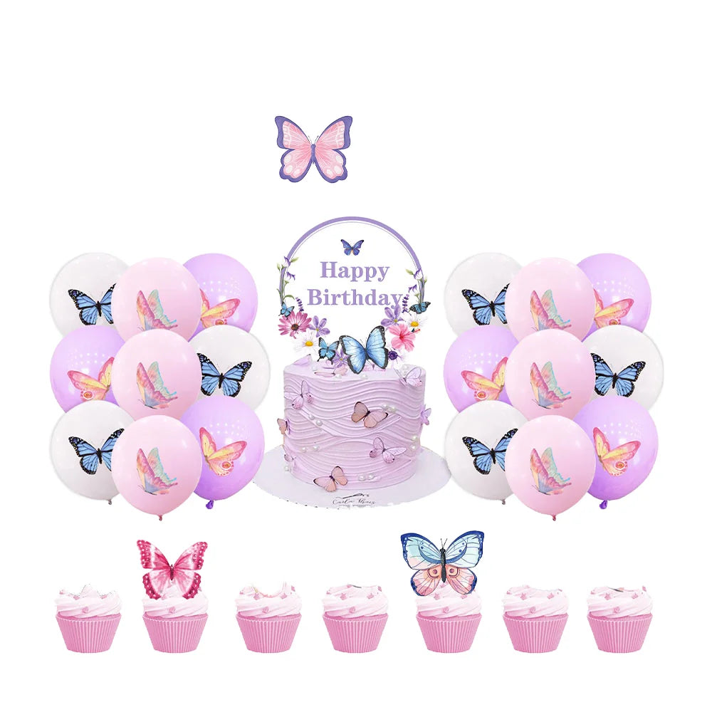 DAMAI Butterfly Birthday Party Decorations Disposable Paper Plates Napkins Cups Tablecloth and Banner Girl Party Birthday Set