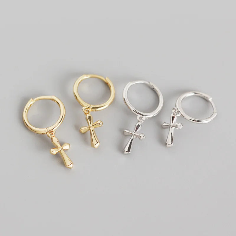 925 Sterling Silver Hip Hop Gold Plated Jewelry Cross Pendant Hoop Earrings for Women