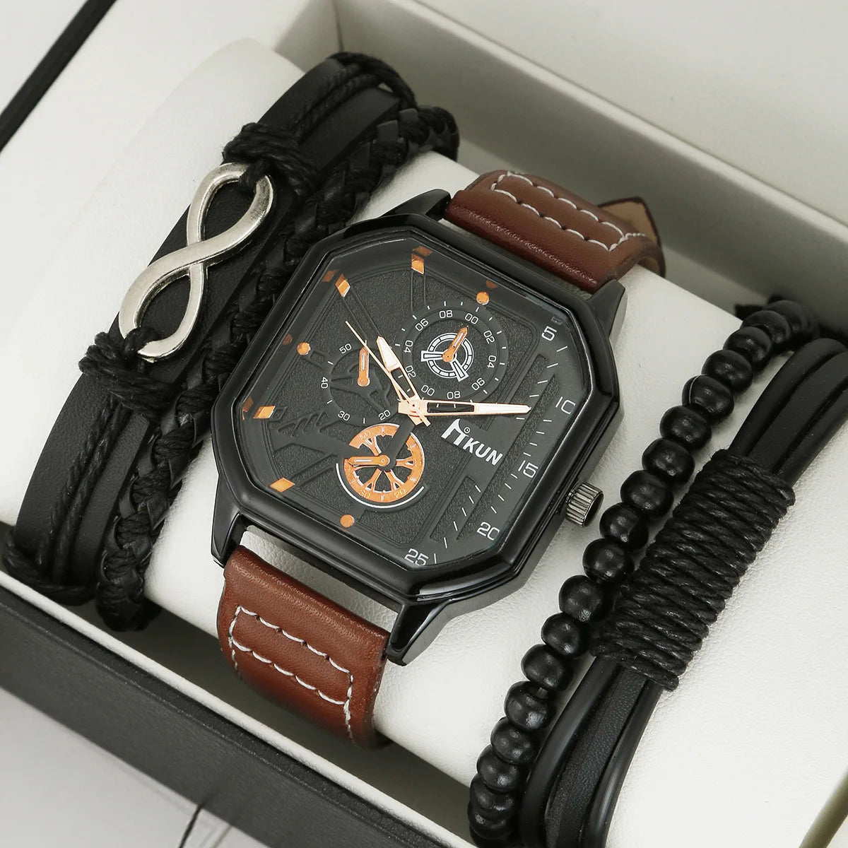 Hot Selling Fashion Large Dial square case Belt Casual Men's Sports Personalized Bracelet Set Quartz Watch