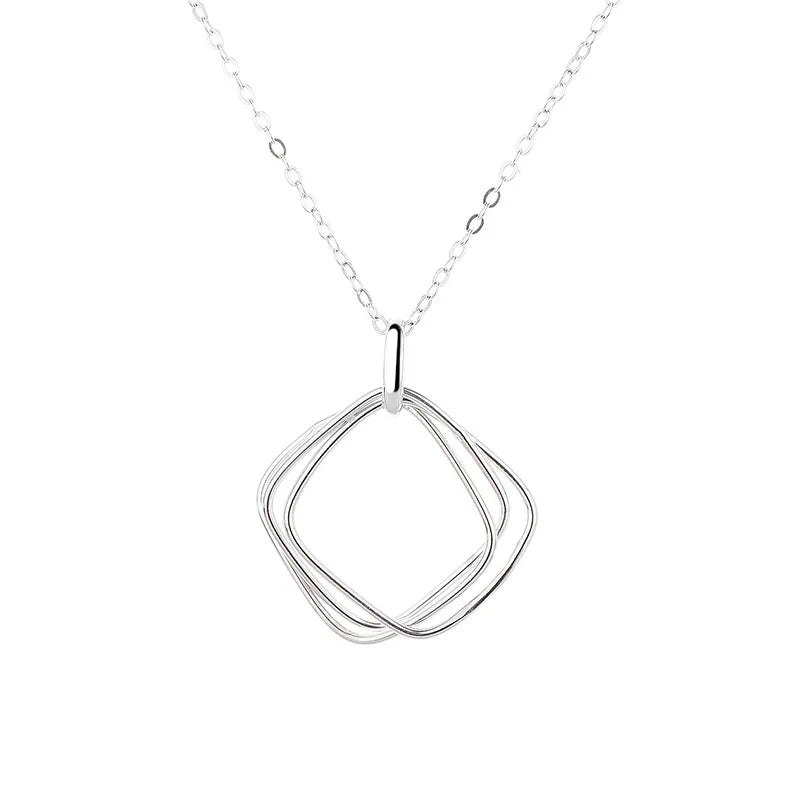 S925 Silver Fashion Personality Three Ring Geometric Square Pendant Creative Design Trend Necklace Female