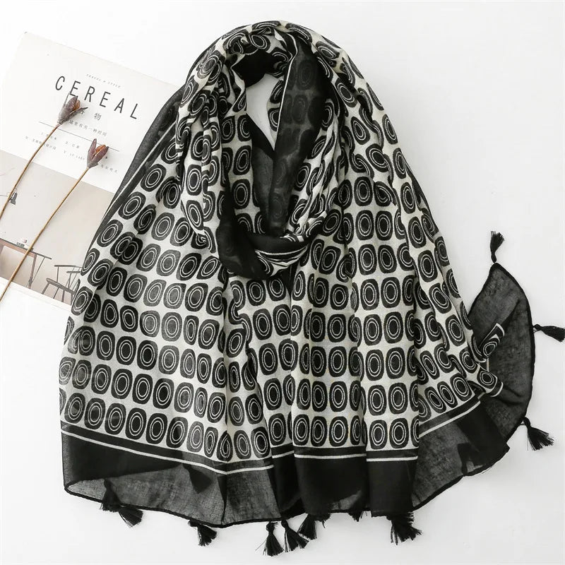 European Fashion Summer Blue Black Geometric Color Block Printed Shawls for Women Circle Pattern Soft Polyester Scarf