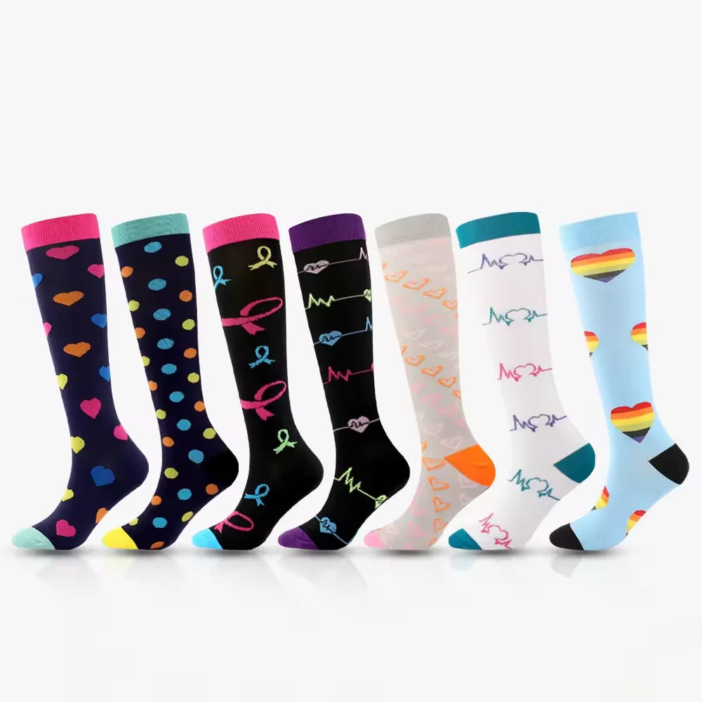HF Sports Outdoor Cycling Hosiery Compression Crew Socks with Cartoon Pattern Knee Protection and Cuff Logo