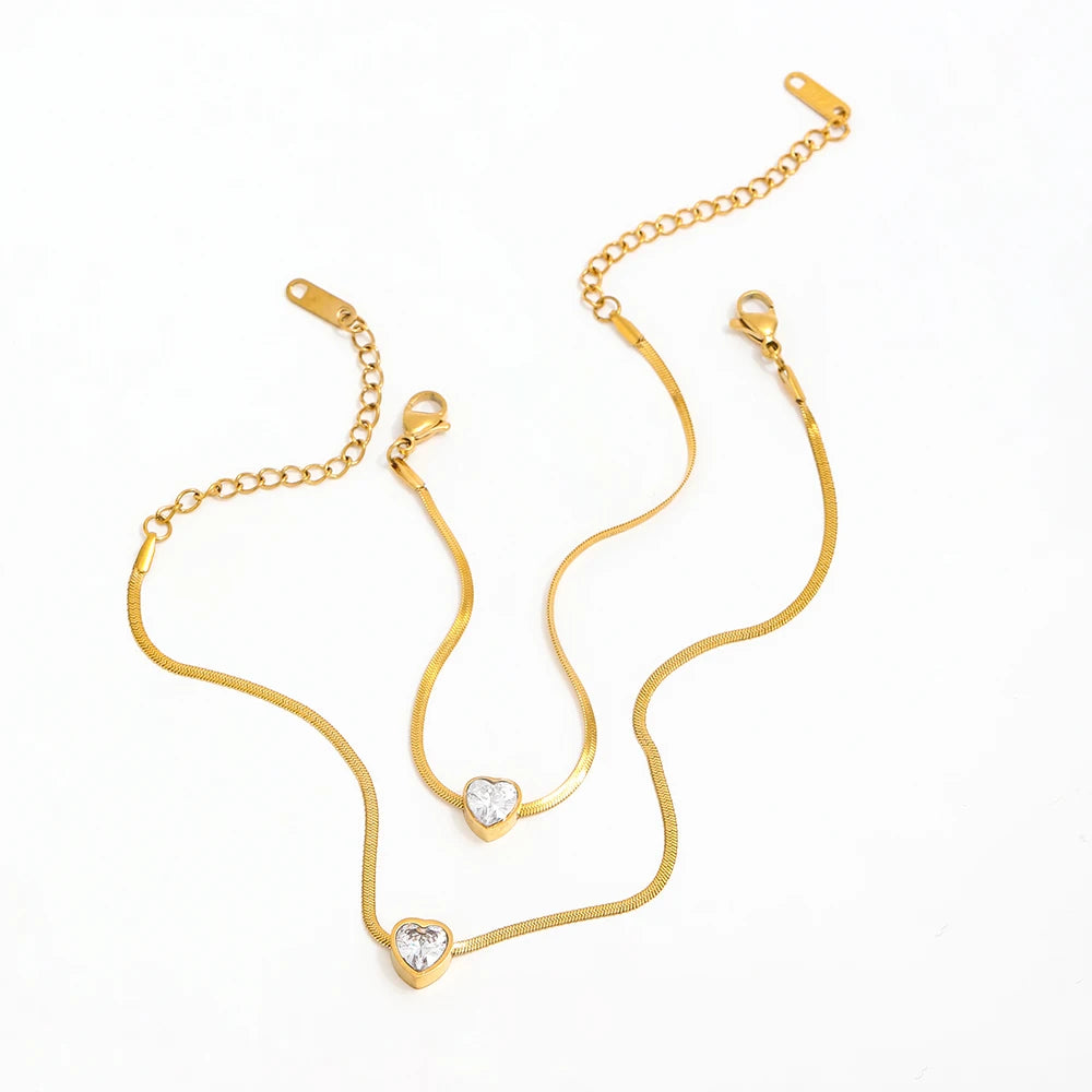 Fenny 18K PVD Gold Plated Wholesale Waterproof Movable Love Heart Shaped Zirconia Snake Chain Stainless Steel Bracelet for Women