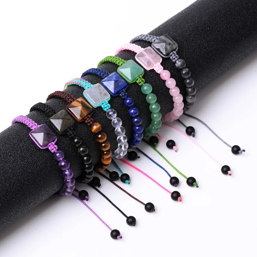 Custom Hot Sale 6mm Amethyst Rose Quartz 7 Chakra Natural Stone Pyramid Balance Energy Friendship Adjustable Braided Bracelet