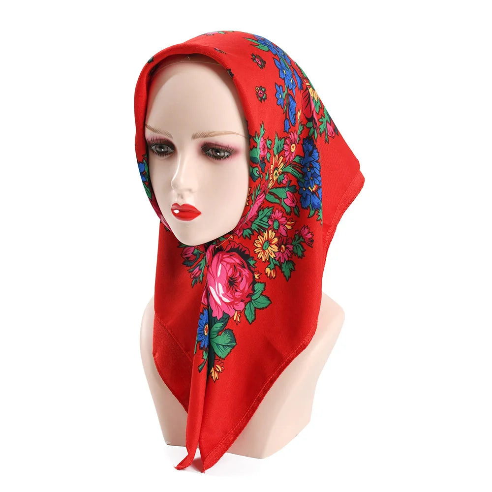 2023 Women Russia Style Square Head Scarf Ethnic Causal Floral Print Scarf