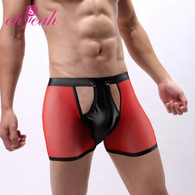 Red Sexy Mesh Openable Crotch Imitation Leather Men's Underwear Low-Rise Boxer Briefs Bikini Thongs G String Breathable