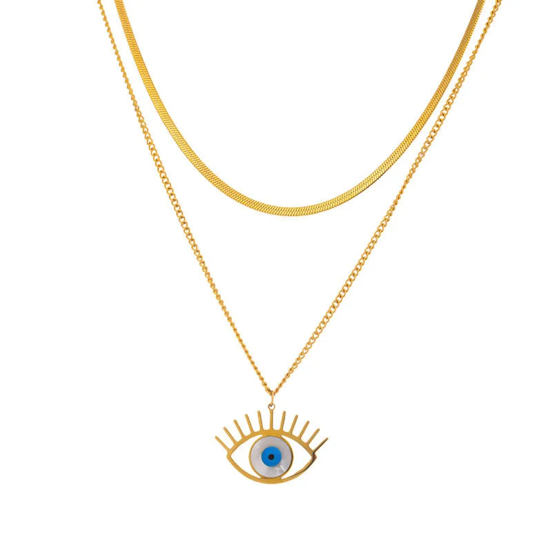 Double Layered Stainless Steel Flat Snake Bone Chain Necklace Non Tarnish 18k Gold Plated Blue Evil Eyes Pendant Necklace