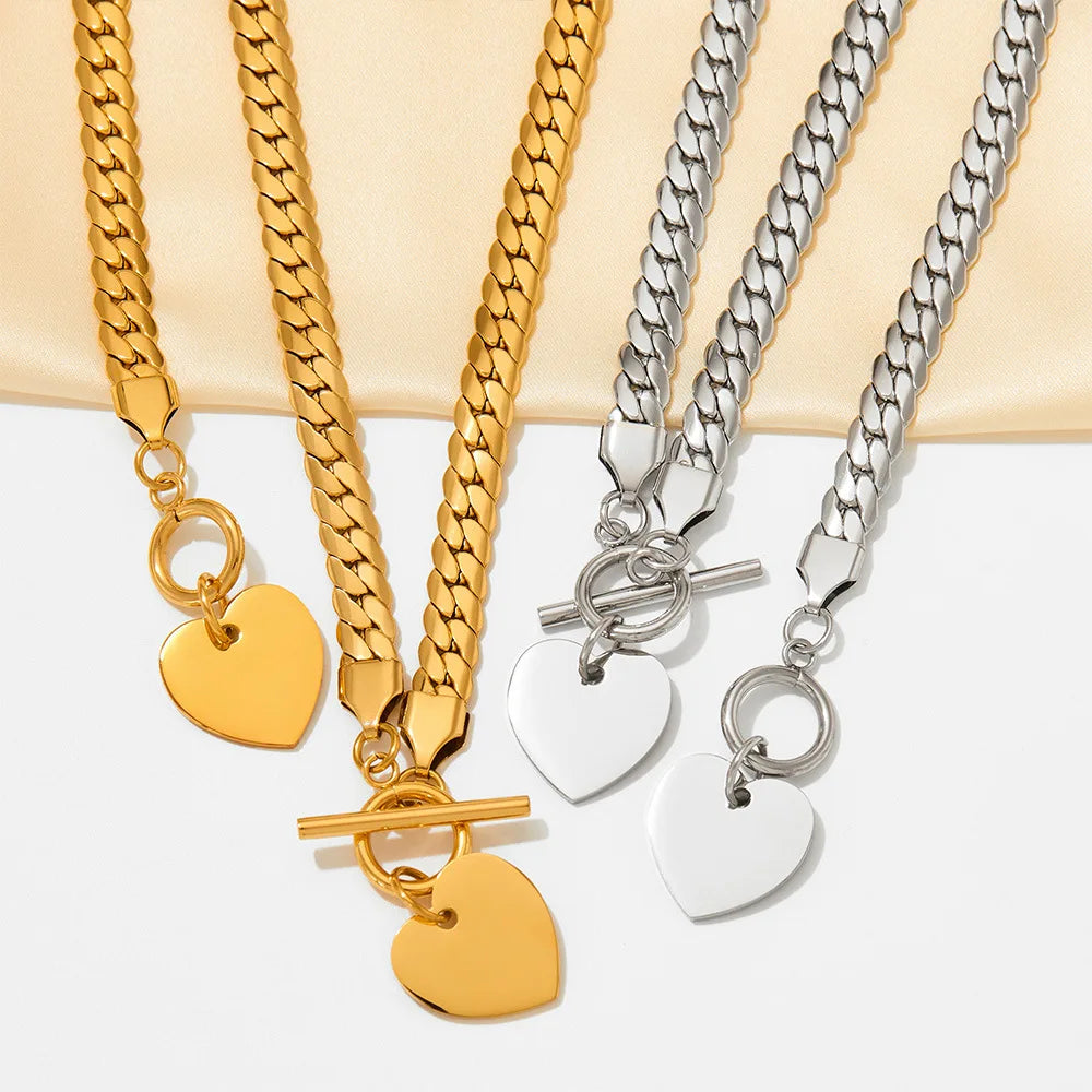 BJG0314N 0139B Flat Snake Necklace OT Buckle Heart Bracelet Stainless Steel Clavicle Chain Hip Hop Two-piece Set Does Not Fade