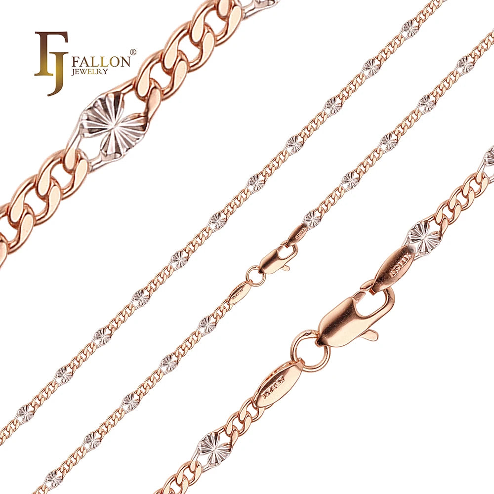 FJ Fallon Fashion Jewelry Sequin Sunburst Fancy Figaro Link Chain Plated in Rose Gold Two Tone Brass Based