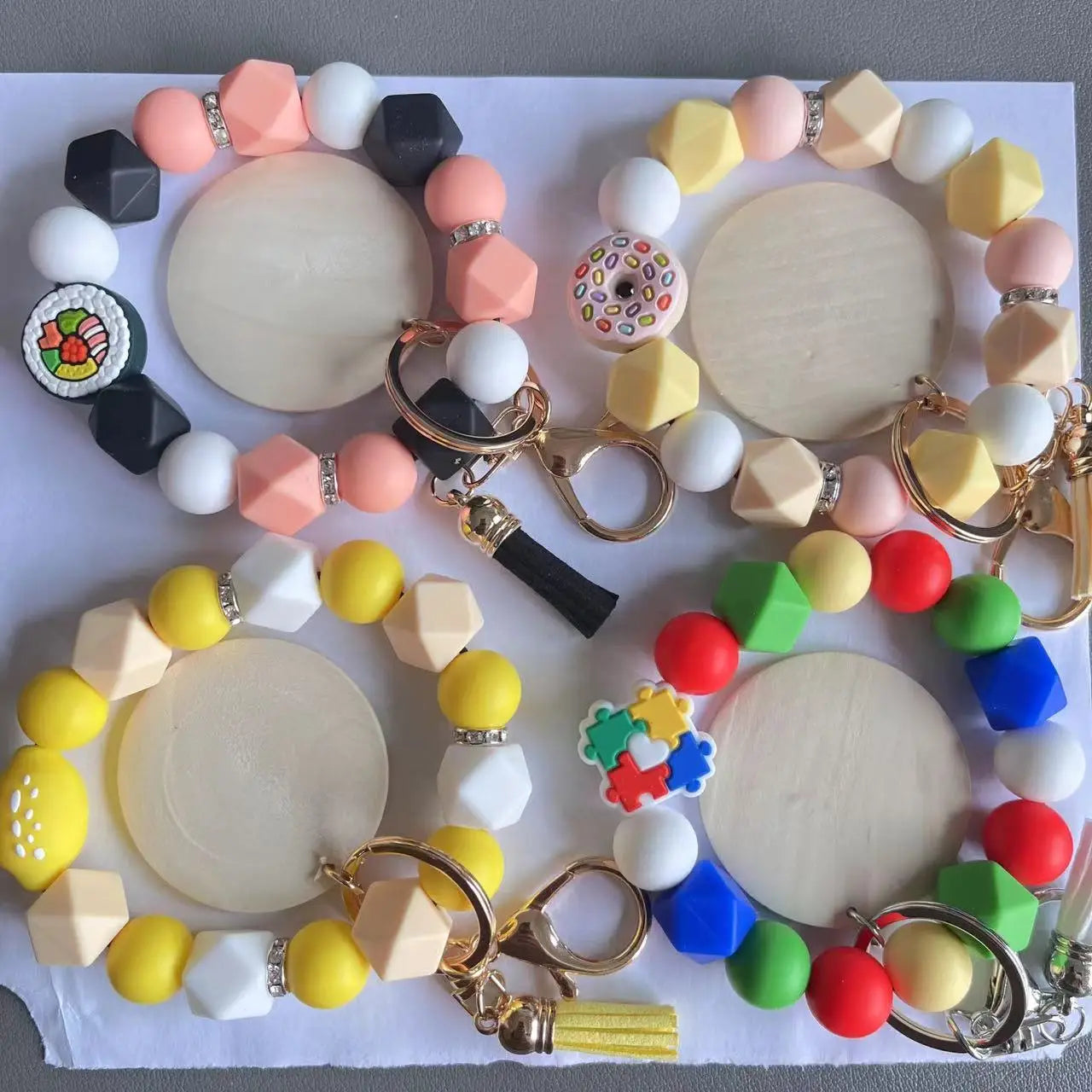 Hot Sale Summer New Donut Lemon Food Fruit Silicone Beads Wristlet Keychain for Women