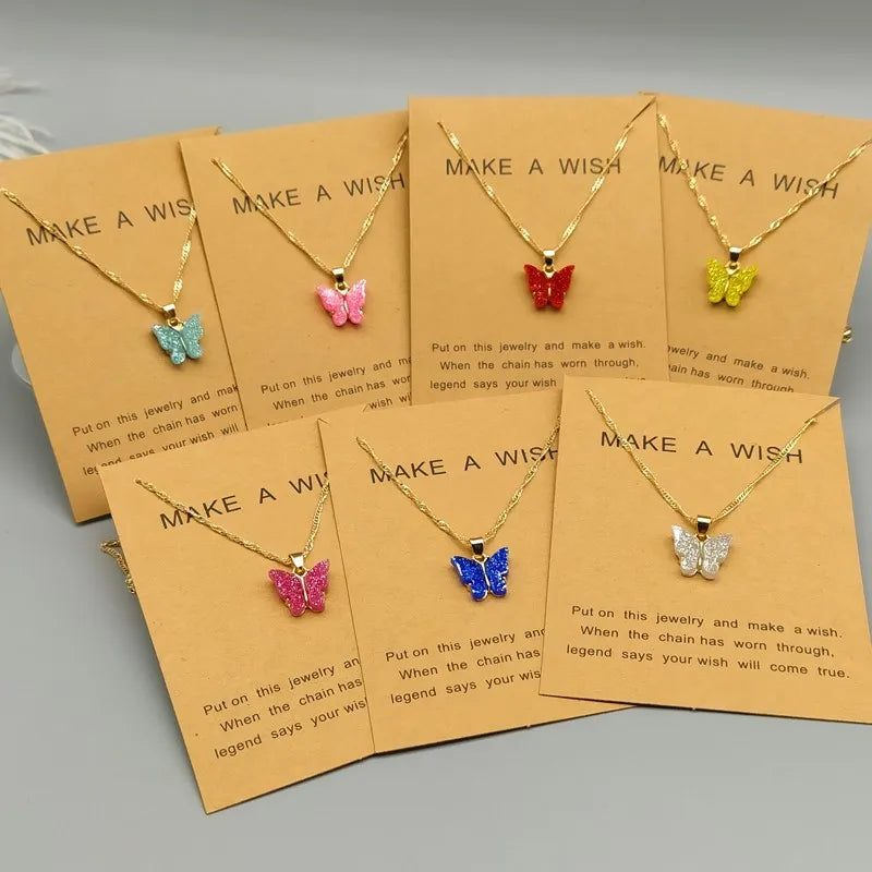 European and American Fashion Simple Acrylic Butterfly Pendant Necklace Colorful 18K Gold-plated Butterfly Necklace