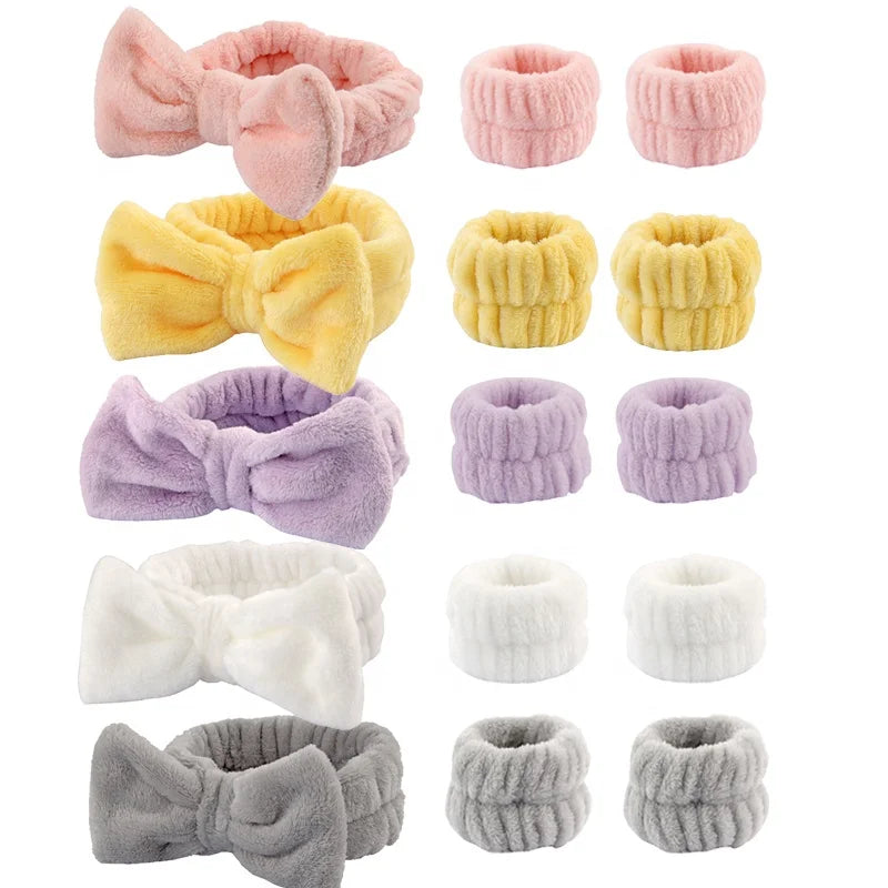 Can Custom Logo Flannel Skincare Spa Wristband Makeup Facial Wrist Washband Face Towel Wash Bow Headband Scrunchie Set for Women