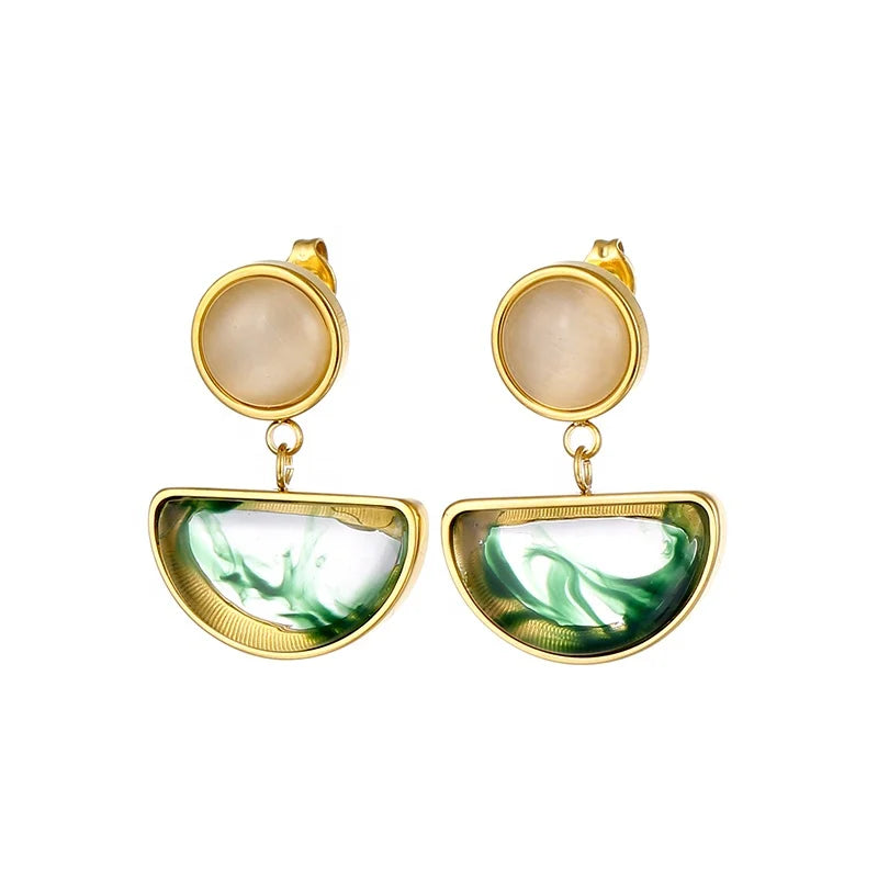 Wholesale Custom 18K Gold Plated Stainless Steel Jewelry Opal Stone Match Resin Stud Earrings For Women Girls