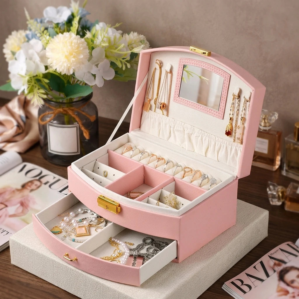 Luxury Premium White and Pink Bangle Jewelry Box Modern Portable Rectangle Jewelry Organizer with Handle
