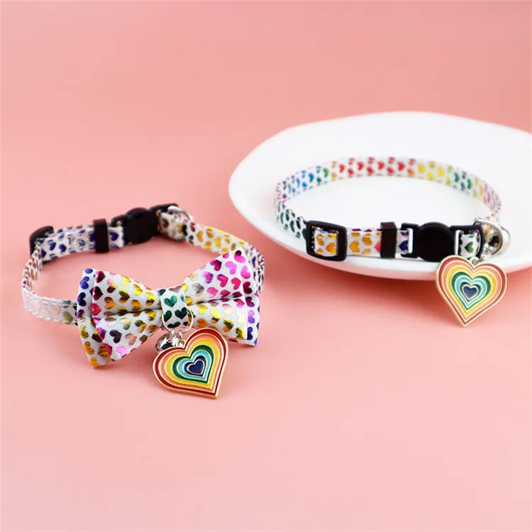 Cute Pet Holiday Decoration Colorful Heart Pattern Pendant Bow Cat Collar with Bell