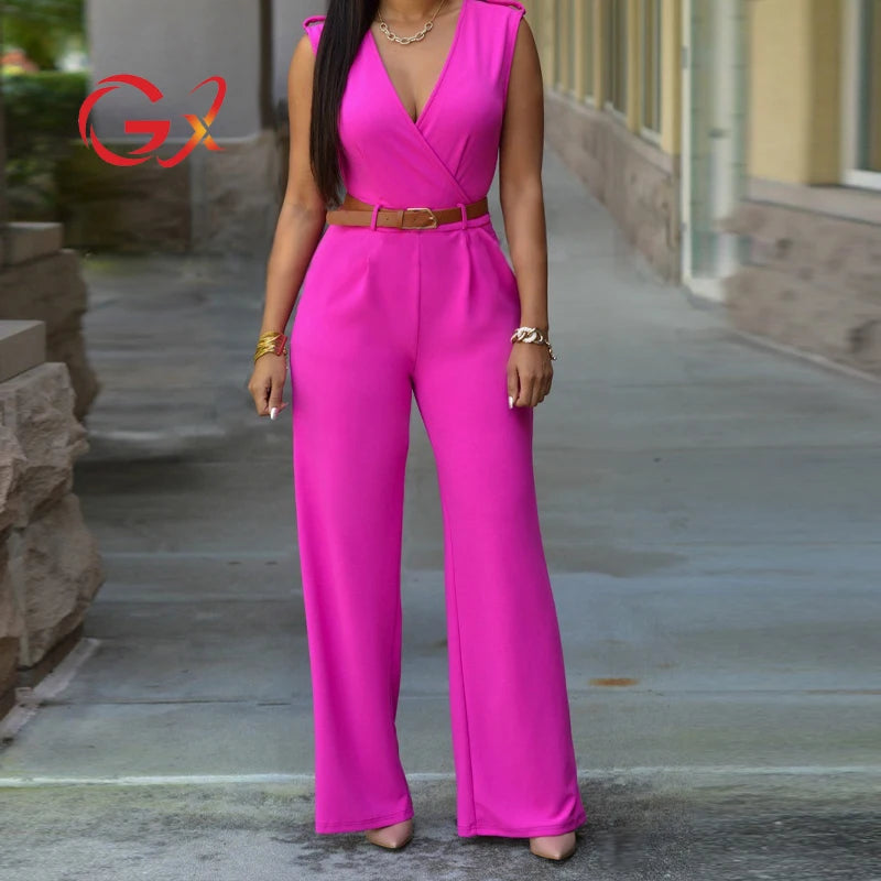 GX2196 Fashion Solid Summer Sleeveless v Neck One Piece Jumpsuit Women Stretchy Casual Jumpsuit