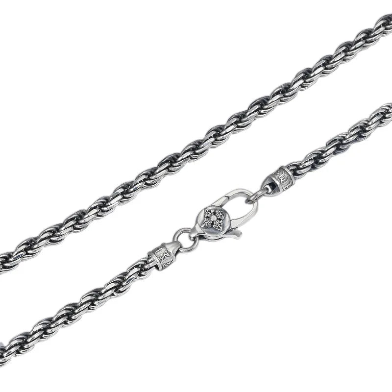 4mm Wholesale S925 Sterling Silver Necklace Vintage Handwoven Six Word True Words Vajry Pestle Clasp Hemp Rope Necklace Jewelry