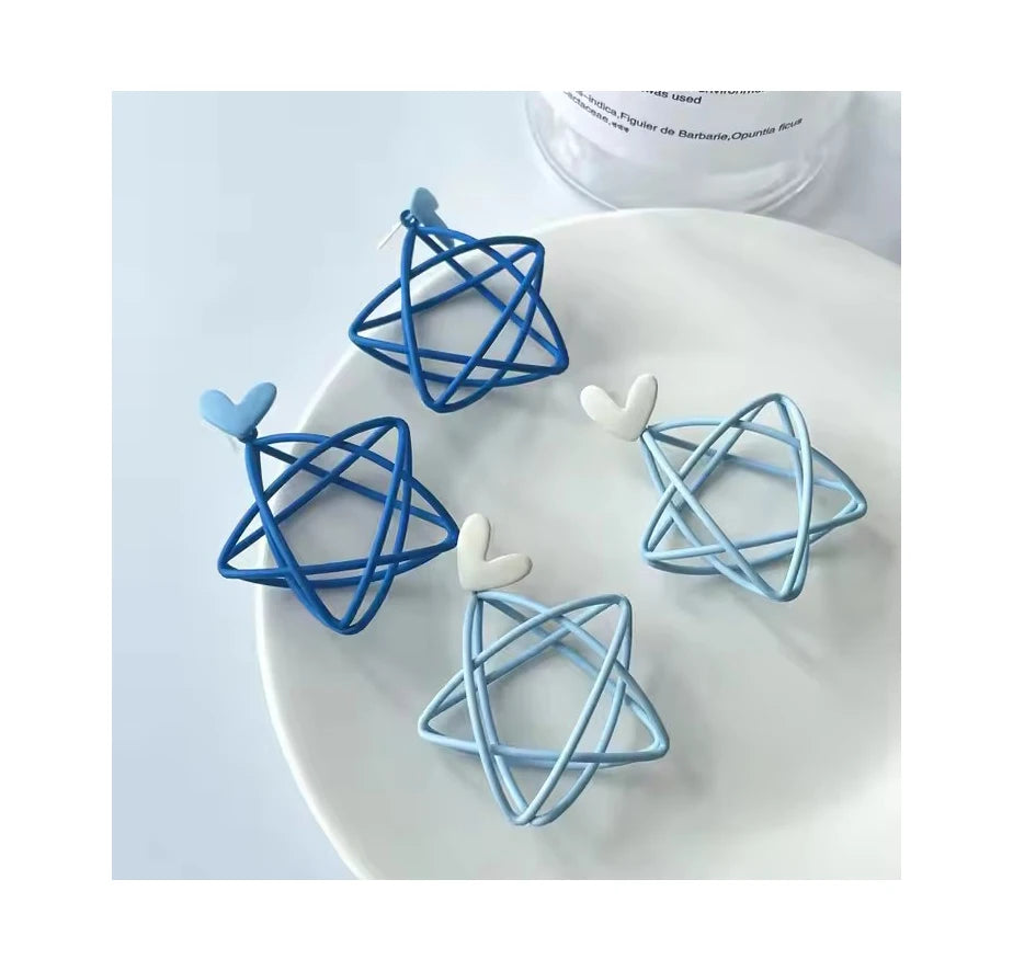 925 Silver Needle Blue Hollow Star Drop Earrings Personality Geometric Five-pointed Small Heart Shape Stud Earrings for Women
