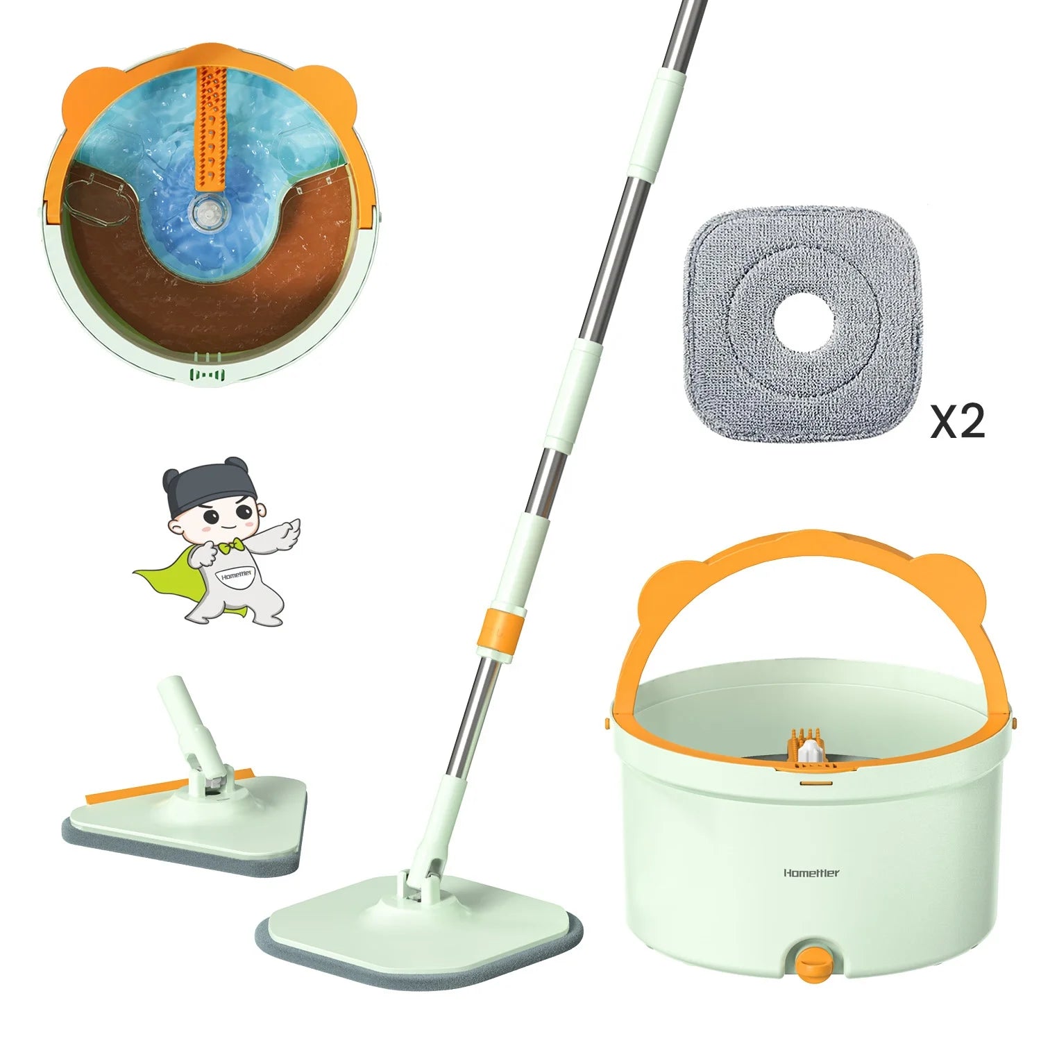 Homettler Flat Mop Bucket Separation of Clean and Dirty Floor Cleaning Mop 360 Degree Rotating Magic Spin Mop and Bucket Set