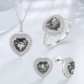 925 Sterling Silver Green Moss Agate Gemstones Heart Pendant Necklace Ring Earrings Set Cubic Zirconia Jewelry Set for Ladies