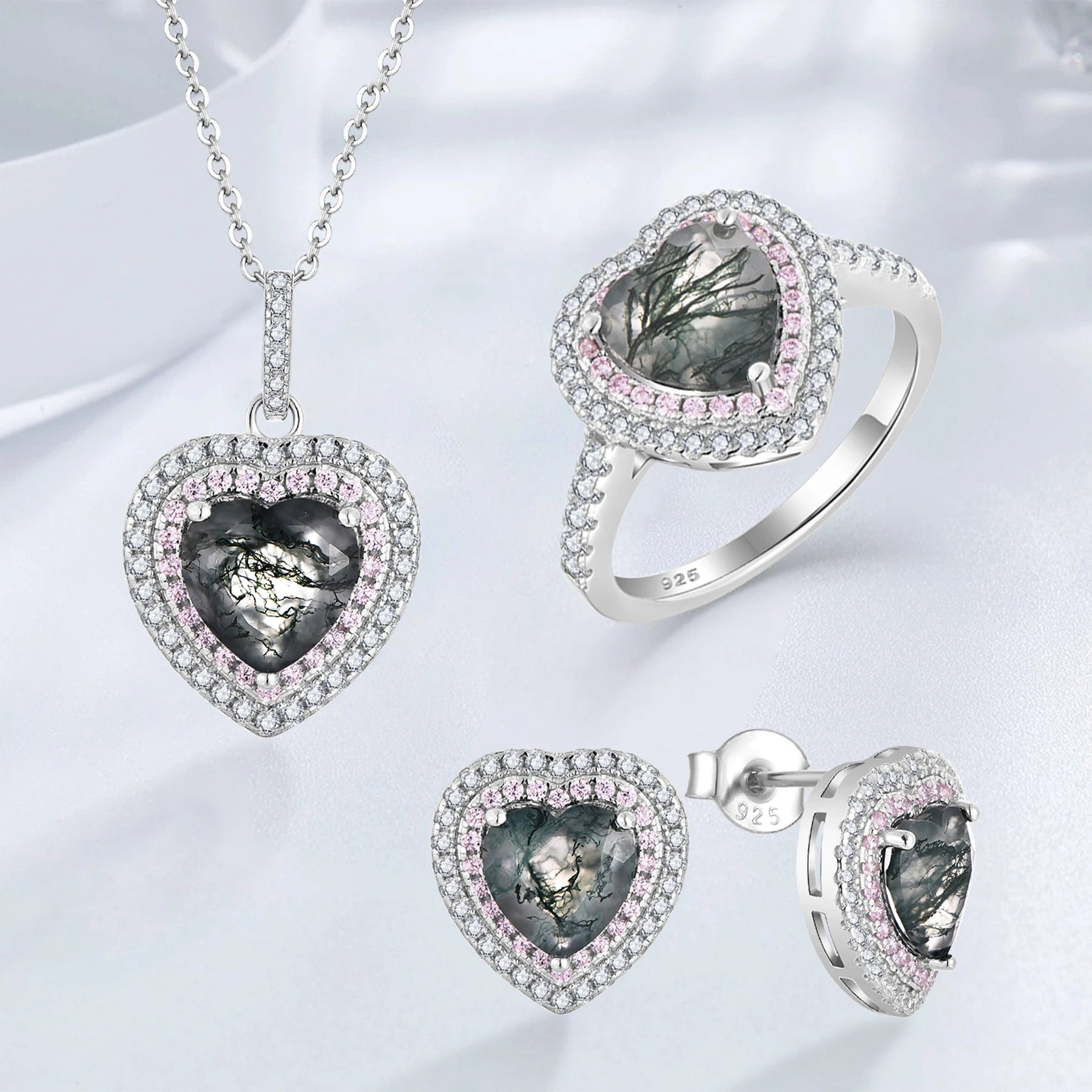 925 Sterling Silver Green Moss Agate Gemstones Heart Pendant Necklace Ring Earrings Set Cubic Zirconia Jewelry Set for Ladies