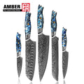 Amber Luxury 5pc VG10 Damascus Steel Knife Set Kitchen Chef Santoku Bread Utility Fruit Paring Knives Set of Blue Resin Handle