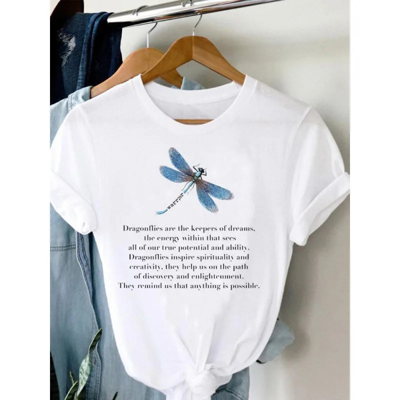 Women Tee Summer Short Sleeve Print Clothes Graphic Feather T Shirt Feather Painting Bird Clothing Fashion Dragonfly Female Top