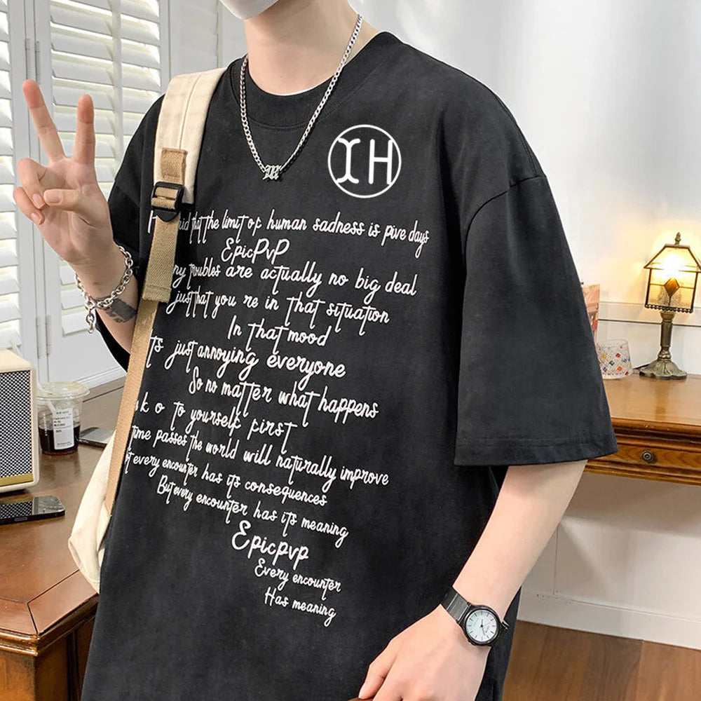 Wholesale Men Oversize Vintage Streetwear Tops Fashion Acid Washed Letter Printing Shirt Casual 100% Cotton Knitted Eco-Friendly