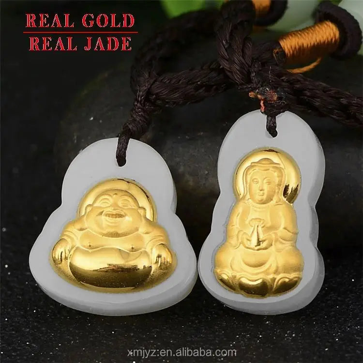 Certified 3D Gold Inlaid Jade 4D Hetian Inlaid  Pure Inlaid Hetian Maitreya Guanyin Small Buddha Pendant  Wholesale